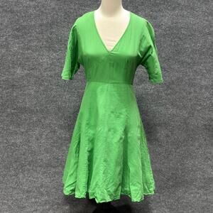 TOME Dress Womens 2 Green Solid V Neck Half Sleeve Fit Flare Linen Midi Casual